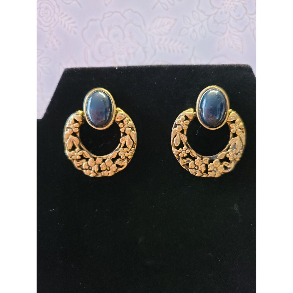 Vintage Gold Tone Floral Door Knocker Earrings | 1980s Retro Statement Jewelry